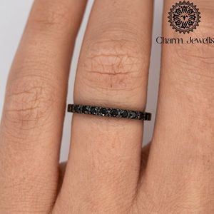 Anillo de compromiso y eternidad de moissanita con corte cojín Charm Jewels, plata 925 con baño de rodio negro, engaste de garras, minimalista, unisex - Product Image 3