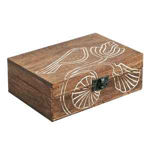 Caja de Almacenamiento de Madera con Arte Floral y de Aves en Líneas Blancas, Cierre de Metal Negro, Organizador Decorativo, Elegante Recuerdo - Product Image 1