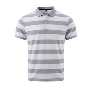 Chemises polo personnalisées en tricot pour homme, été, rayures blanches et grises, manches courtes, boutonnées, respirantes, séchage rapide, streetwear, décontractées, golf. - Product Image 1