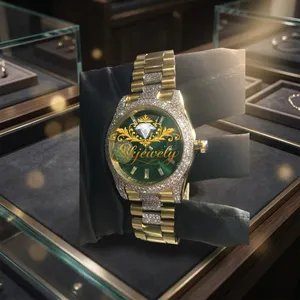 Montre à cadran vert avec diamants, bracelet bicolore, montre-bracelet avec lunette en strass, style mécanique tendance - Product Image 6