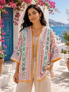 Chaqueta de algodón transpirable acolchada y bordada a mano estilo Phulkari india para mujer, abrigo reversible tipo bolero - Product Image 4