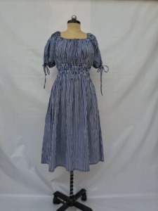 Blue Striped Cotton Midi <b>Dress</b> Puff Sleeves U Neck <b>Elastic</b> Waist A-Line Silhouette Japan Woven Fabric Casual Streetwear Sweet - Product Image 4