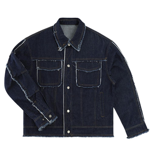 Veste en jean pour homme, bleu foncé, bords effilochés, col rabattu, coupe classique, style décontracté, manches longues, matière en coton - Product Image 1