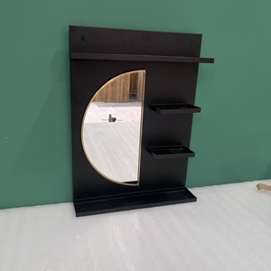 Modern Minimalist Wall Mount Mirror with Shelves Black Metal Frame & Gold Trim Multifunctional Design for Living Room - Product Image 3