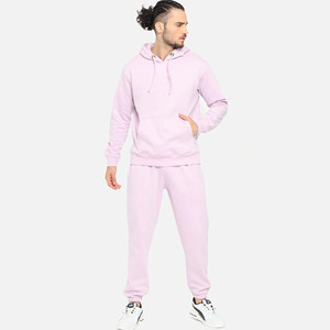 Ensemble de survêtement décontracté pour homme grande taille rose clair à capuche, manches longues, poches latérales, 100 % coton, logo de marque personnalisé - Product Image 1