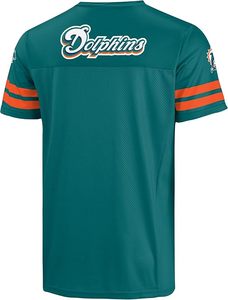 Camiseta de los Miami Dolphins en color verde azulado con mangas a rayas naranjas, de secado rápido, con bordado a máquina, diseño duradero, material de poliéster. - Product Image 3