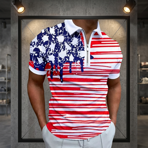 Polo de Manga Corta para Hombre, Rojo, Blanco y Azul, Estampado Digital, con Cierre, Informal, Transpirable, de Punto - Product Image 4