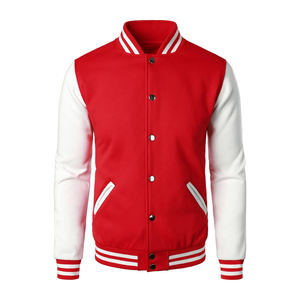 Red Men's Varsity Jacket White Sleeves Striped Cuffs Casual Winter Wear Turn-down Collar Single Breasted Design <b>Fleece</b> - Product Image 4