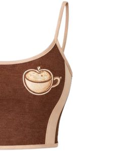 Coffee Brown Beige Women Camisole And Shorts <b>Set</b> Summer Two Piece Outfit Cotton Blend Crop Top Embroidery Drawstring Shorts - Product Image 3