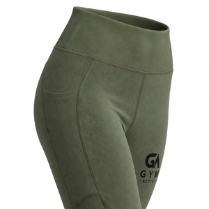 GYM ACTIVE Olive <b>Green</b> High Waisted Tummy Control <b>Leggings</b> for Running with Left Leg Logo Spandex/Polyester Dot Pattern - Product Image 3