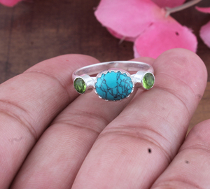 925 Sterling Silver Bezel <b>Set</b> Oval Turquoise Three Stone <b>Ring</b> Handcrafted Classic Gemstone Jewelry for <b>Men</b> Women Unisex - Product Image 3