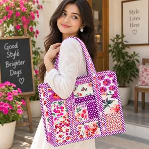 Sac fourre-tout grande capacité à motifs floraux violets, fermeture éclair, toutes saisons, style bohème, en coton - Product Image 2