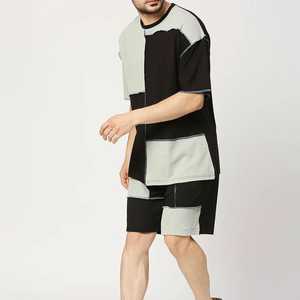 Créez votre propre ensemble t-shirt et short pour homme, col rond, couleurs contrastées, décontracté, respirant, tricoté, pour l'été - Product Image 3