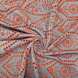 Tela de Punto Elástica de Primera Calidad, Color Azul, con Bordado y Recortes Rojos, Diseño Geométrico de Arco y Medallón, para Vestidos - Product Image 1