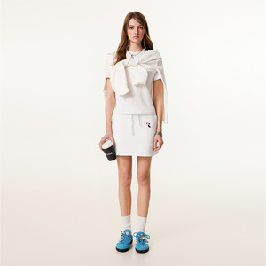 Ensemble deux pièces en coton 440g personnalisé pour femmes, t-shirt avec broderie de chien mignon et mini-jupe à cordon, ensemble de vêtements de sport décontractés - Product Image 5