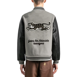 Varsity <b>Jacket</b> Grey Faux Leather Sleeves Embroidered Tiger Back Design Autumn Women's Regular Fit Zipper Closure - Product Image 3