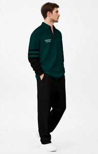 เสื้อสเวตเชิ้ตผู้ชายคอตั้งแบบมีซิป ¼ ตัว  ลายบล็อกสี  ผ้าเฟรนช์เทอร์รี่ ทรงโอเวอร์ไซส์ สีเขียวดำ  สำหรับฤดูใบไม้ร่วง - Product Image 4