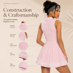 Vestido de tenis sin mangas de poliéster para mujer, con cremallera frontal, cuello rosa suave con solapa en contraste, falda plisada, estilo deportivo ajustado. - Product Image 5