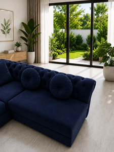 Canapé modulaire Emerald Origin avec ensemble bleu marine boutonné, dossier capitonné écologique, accoudoirs roulés, design contemporain pour salon d'appartement - Product Image 5