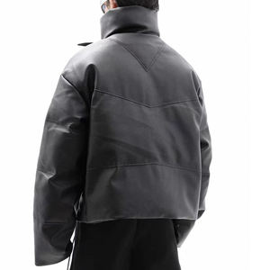 Chaqueta de Moto para Hombre, Negra, de Cuero PU, Cuello Alto, Cierre de Cremallera, Resistente al Viento, Corte Holgado, Corta, para Invierno - Product Image 2