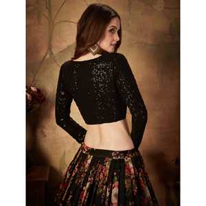 Belle tenue de réception en organza imprimé floral noir Lehenga Choli - Product Image 4