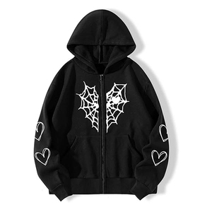 Vintage Washed Fleece Gothic Zip-Up Hoodie <b>Black</b> Unisex Oversized Knitted Cotton Winter <b>Sweatshirt</b> - Product Image 3