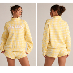 Darling Pink Checkered Turtleneck Sweatshirt Women's Casual Full Sleeve Knitted Plaid <b>Top</b> With Letter Print Front <b>Mock</b> <b>Neck</b> - Product Image 5