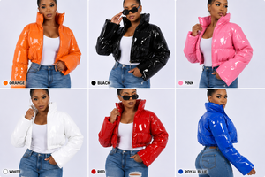 Orange Quilted Puffer Jacket Women Short Thick Pillow Collar Full Sleeve PU Coated Winter Fashion Coat - Product Image 6