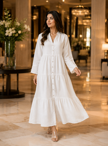 Premium 100% Cotton Women's Tiered Maxi <b>Dress</b> Simple Solid Modern Boho V-Neck Button-Front Eco-Friendly Fit Flare Silhouette - Product Image 5