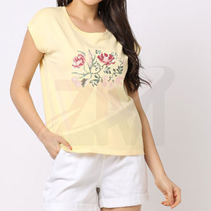 Camiseta Bordada para Mujer, Corte Holgado, Informal, para Viajes y Actividades Diarias, Bordado Femenino - Product Image 1