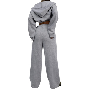 Ensemble de survêtement gris à capuche pour femme, manches longues, couleur unie, décontracté, respirant, coupe ample, avec fermeture éclair sur le devant, idéal pour l'automne - Product Image 2