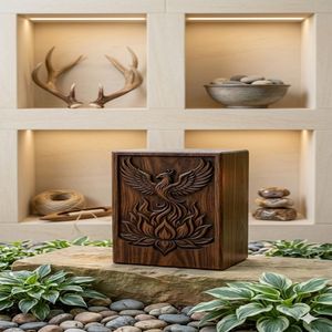 Wooden Funeral Urn Natural Finish Cremation <b>Keepsake</b> <b>Box</b> Carved Phoenix <b>Memorial</b> Urn for Adult Ashes Tabletop - Product Image 2