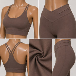 <b>Women</b> <b>Brown</b> Seamless Yoga Set High Waist Leggings Neck Crop <b>Top</b> Crisscross Straps Two Piece Activewear Sportswear - Product Image 5