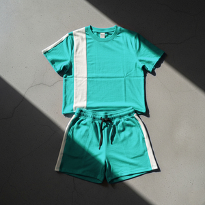 Conjunto Deportivo Unisex Azul y Blanco con Bloques de Color, Camiseta de Manga Corta y Pantalones Cortos con Cordón, Transpirable, Estilo Deportivo de Verano para Adultos - Product Image 4