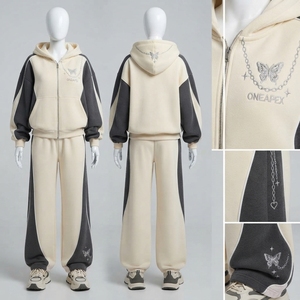 Women's <b>Cream</b> <b>Black</b> Tracksuit Set Oversized Zip Up Hoodie Wide Leg Pants Butterfly Graphic Casual Streetwear - Product Image 2