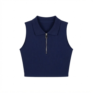 Custom Logo Embroidery Black Sleeveless Women's Summer Half Zipper Tank <b>Top</b> Slim Casual Silk/Cotton Breathable Polo Shirt Zip - Product Image 2