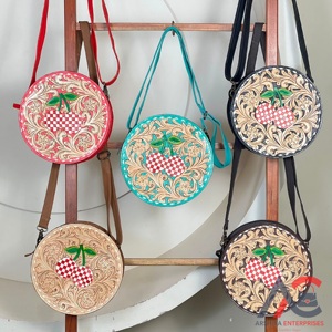 Custom Tooled Genuine Leather Round Sling Bag Cherry Floral Pattern Women's Vintage Style <b>Card</b> Holder Evening Shopping Handbag - Product Image 1