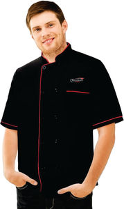 Découvrez la veste de chef à manches courtes noire avec bordure rose, fermeture à boutons, uniforme de restaurant pour homme, tissu tissé - Product Image 3