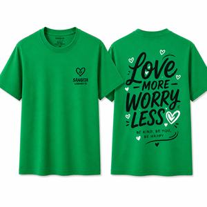Camiseta de Manga Corta para Hombre, Color Azul Claro, Cuello Redondo, Corte Regular, 100% Algodón, Estampada, Ecológica, 180g, Marca Sangita Garments, Love More Worry - Product Image 1