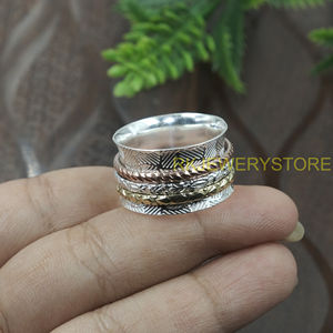 Handmade Spinner <b>Ring</b> 295 Silver Brass Copper Wide Band Meditation <b>Ring</b> Textured Pattern <b>Statement</b> Jewelry Gift for Women Unisex - Product Image 5