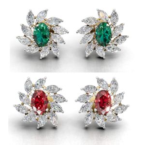 Pendientes de oro de lujo para mujer con esmeralda de corte ovalado y piedras laterales de diamantes naturales rojos, joyería de boda - Product Image 3