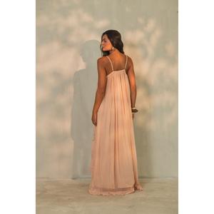 Womens Luxury Pink Elegant V-neck High-Waist 100% Cotton Maxi Dress Ruffles Sleeveless <b>Spaghetti</b> <b>Strap</b> Eco-Friendly Resort Dress - Product Image 5