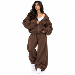 Women's Oversized Hoodie Tracksuit Brown 100% Cotton Wide Leg Trousers Full <b>Zip</b> <b>Hooded</b> Jacket Custom Logo Winter Wear Set - Product Image 1