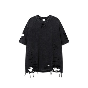 เสื้อยืดคอกลมแขนสั้นทรงปกติสำหรับผู้ชาย สีแดงเลือดหมู ผ้าฝ้ายเจอร์ซีย์ 100% ระบายอากาศได้ดี สไตล์สตรีท ดีไซน์ขาดๆ แบบดิสเทรส - Product Image 6