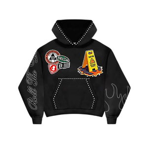 Sweat à capuche unisexe noir personnalisé, coupe oversize, effet délavé soleil, broderie, en molleton bouclette, style streetwear, grammage lourd, 100% coton, strass numériques - Product Image 2