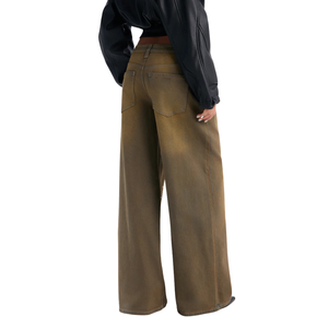 Jean en denim marron respirant pour femme, coupe ample et large, délavé style vintage, décontracté, longueur intégrale, avec clous en strass, cinq poches, collection automne - Product Image 2