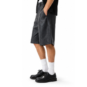 Shorts Bermuda Homme en Cuir PU Noir, Taille Mi-Haute, Style Décontracté, Poches, Tissu Toile Respirant, Couleur Unie - Product Image 3