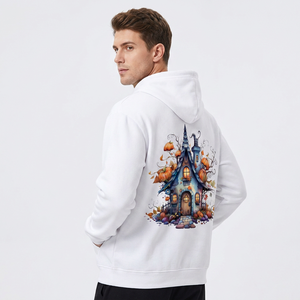 Sweat à capuche blanc pour homme, imprimé château d'Halloween, en coton, décontracté, coupe classique, logo sur le devant, poche, 350g, fabriqué au Bangladesh - Product Image 5