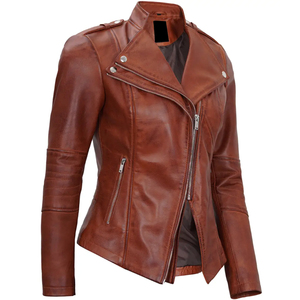 Chaqueta Bomber de Cuero Genuino Marrón REBA SPORTS IMPEX para Mujer, Manga Larga, Cuello Alto, Cierre de Cremallera Transpirable - Product Image 2