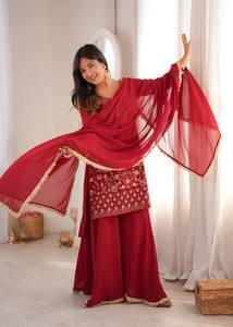 SGF-*72Pryosha Enterprise <b>Women</b> Crimson Red Georgette Short <b>Kurta</b> Designer Cross-Lace Back Sharara Suit - Product Image 6